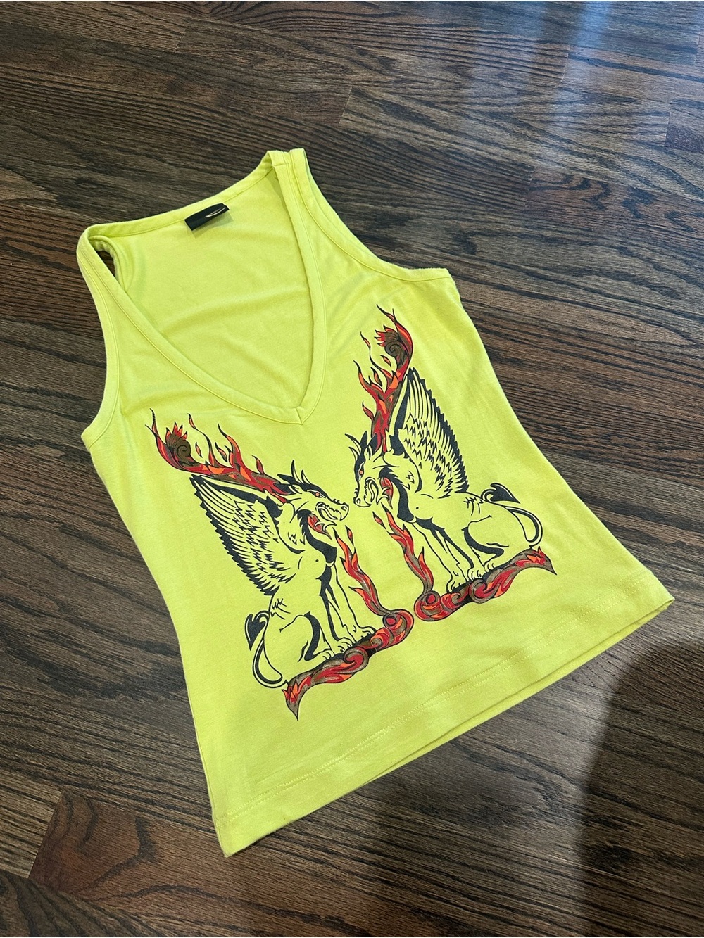 Just Cavalli Neon Yellow V-Neck Tank with Gryphon Graphic